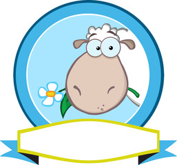 Cartoon Blue Circle Label With Sheep And Ribbon