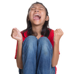 Stressed and screaming young Asian girl over white background
