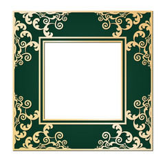 Ornate square frame in royal green and golden colors.