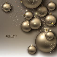 Christmas background with balls. Golden Xmas baubles. Vector