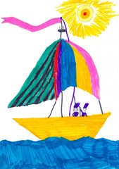 Multicolored fairy-tale ship in the blue sea. Kid's drawing