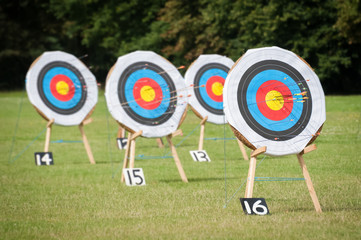 archery targets at various distances on a range - obrazy, fototapety, plakaty