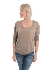 Isolierte lachende schöne ältere Frau blickt zur Seite © Lifeisbeautiful