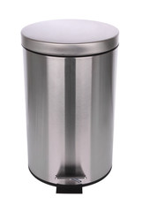 Top front of closed trash can on white background.