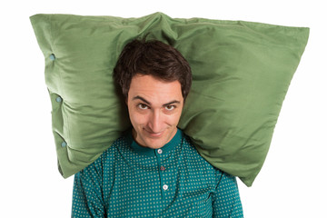 portrait of a smiling man in pajamas , isolated on white