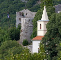 Fototapeta premium Trsat Castle Ruins and Bell Tower in Rijeka, Croatia