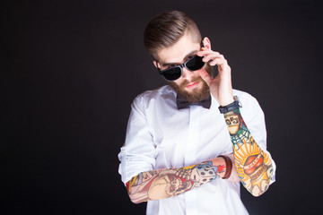 young fashionable hipster man in white shirt - obrazy, fototapety, plakaty