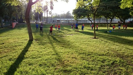 Obraz na płótnie Canvas Niños jugando al fútbol en el parque