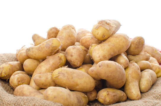 New rattes potatoes on burlap