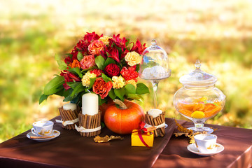 Decorated table for a romantic dinner in autumn Park.