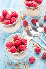 Yogurt with muesli and fresh raspberries