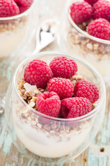 Yogurt with muesli and fresh raspberries