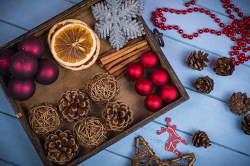 Retro wooden box with Christmas decorations