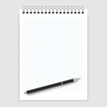 Realistic illustration of a ballpoint pen on a notepad in a cage