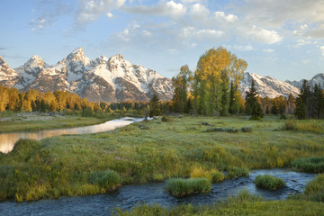 Grand Teton mountains with stream in morning light
