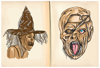 Witch and Monster Mummy - hand drawings, vector