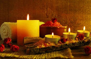 Composition with spa treatment on wooden background