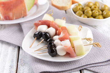 Delicious melon with prosciutto on plate on table close-up