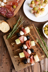 Delicious melon with prosciutto on table close-up