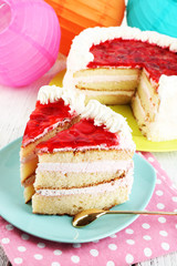 Strawberry cake on table close-up