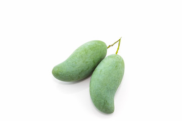 Fresh green mangoes on white background.