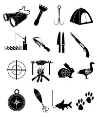 Camping hunting and fishing icons set