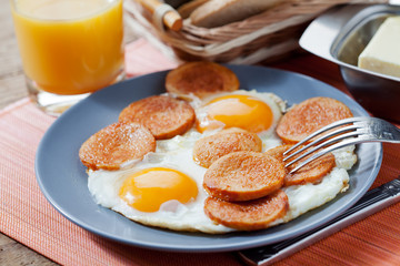 Fried sausage and eggs, breakfast idea
