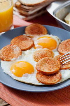 Fried sausage and eggs, breakfast idea