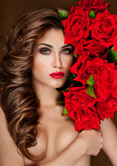 beautiful woman with red roses