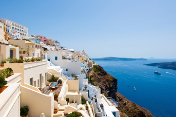 Panorama of Fira with whitewashed buildings. Thira (Santorini).