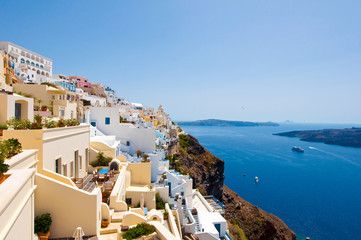 Fira cityscape on the edge of the caldera. Santorini, Greece.