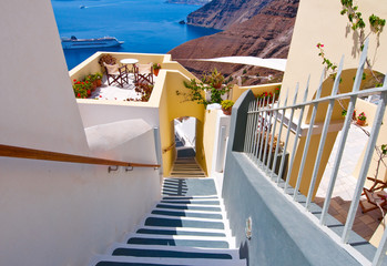 The stairs leading to the Fira port. Santorini, Greece.