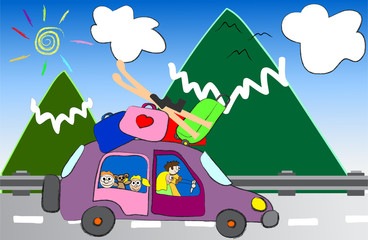 cartoon family trip to the mountains vector illustration