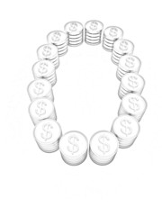 the number "zero" of coins with dollar sign. Pencil drawing