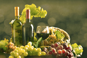 Fototapeta premium Wine with cask and vineyard