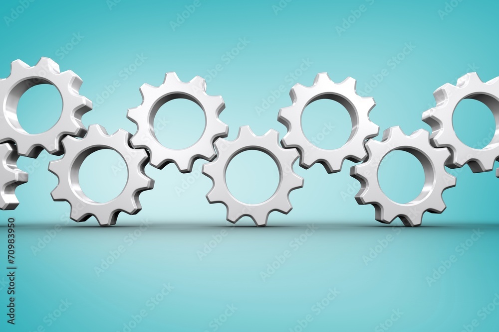 Poster composite image of many white cogs and wheels