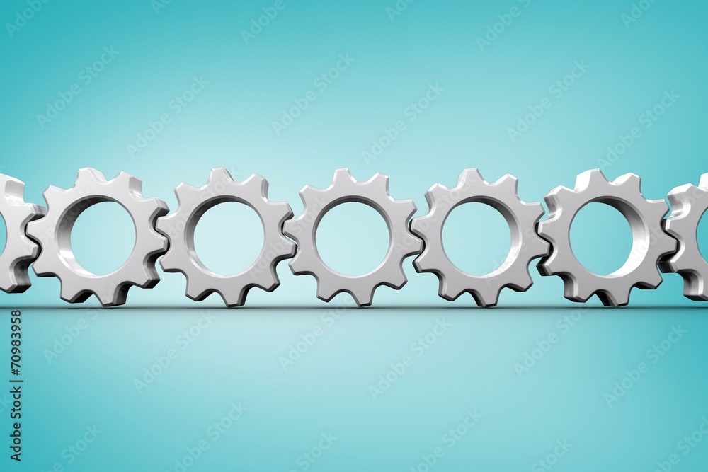 Poster Composite image of white cogs and wheels connecting