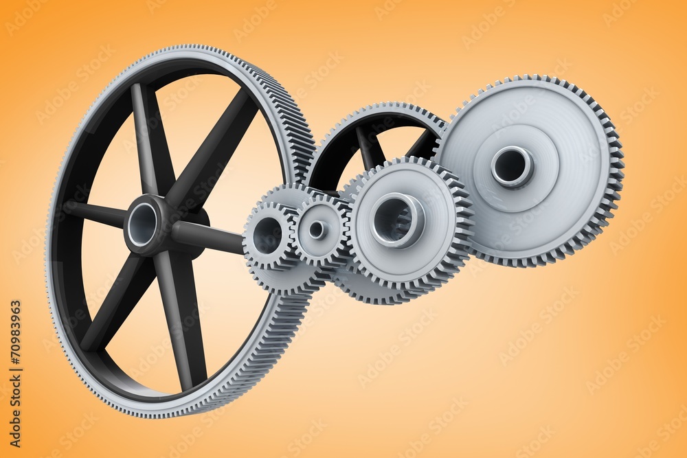Poster Composite image of white cogs and wheels connecting