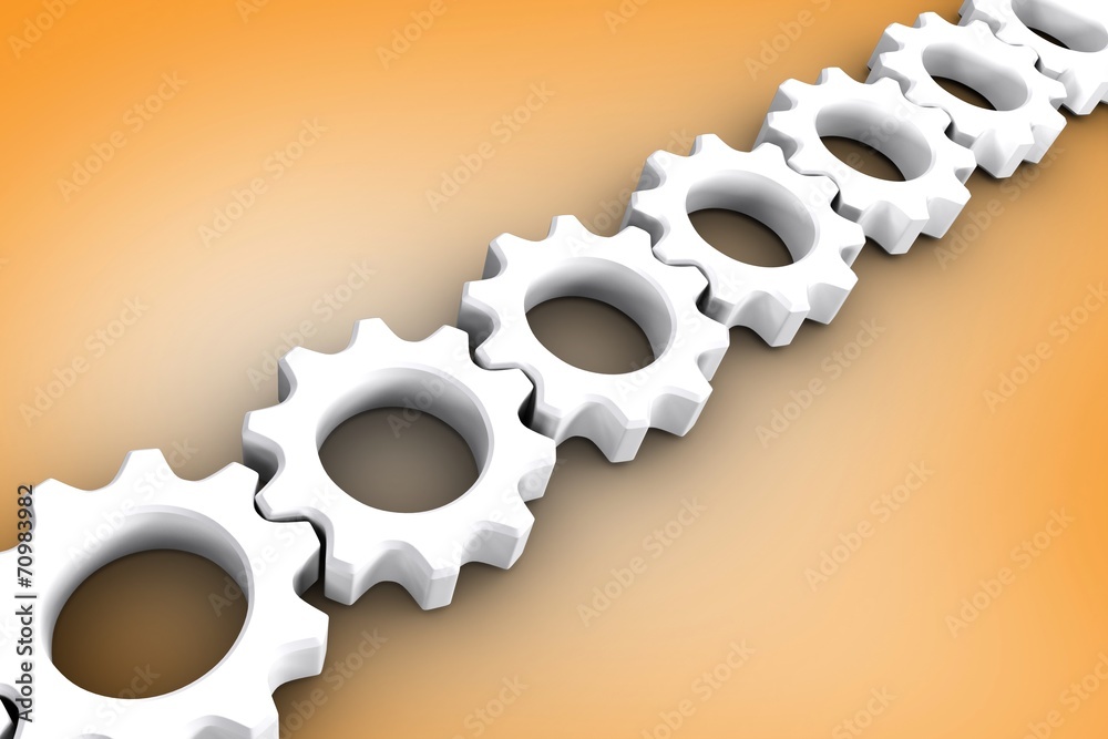 Poster Composite image of white cogs and wheels connecting