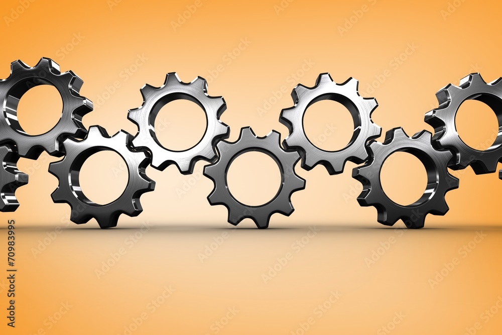 Poster composite image of metal cogs and wheels connecting