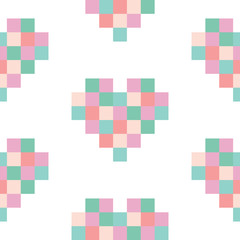Seamless repeating pattern of pink pixel art style heart shapes