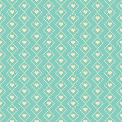 Seamless repeating pattern of green pixel art style heart shapes