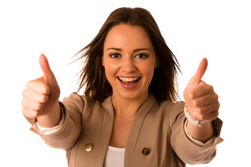Preety asian caucasian business woman gesturing success showing
