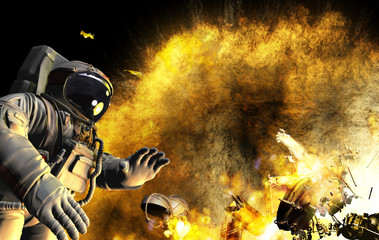Fototapeta premium Astronaut in open space. Space ship exploded.