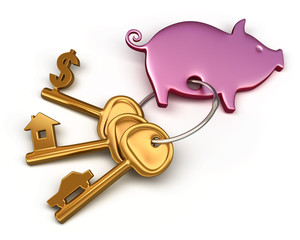 Piggy bank and  key to the house, car and money. Concept