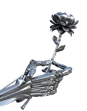 Robot holds metallic flower. High technology 3d illustration