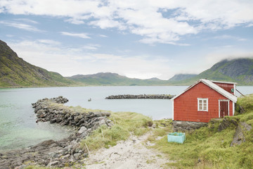 Fototapeta na wymiar Red hut in Lofoten, Norway