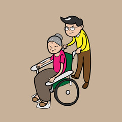 Man pushing wheel chair for mom