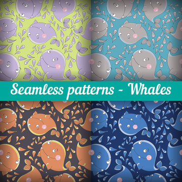 Whales. Set of abstract seamless pattern. Template backdrop for