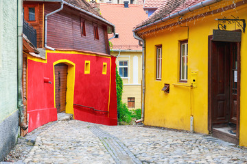 Medieval street view in Sighisoara founded by saxon colonists in